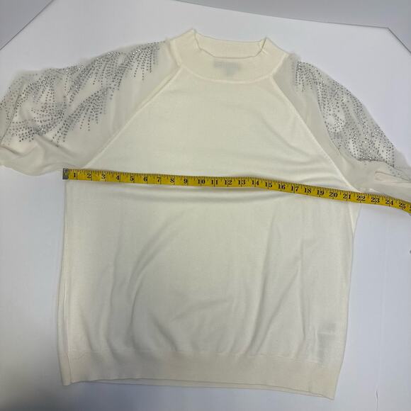 Adrianna Papell XL Embellished Ivory Knit Top Sheer Sleeve Blouse - Picture 6 of 9